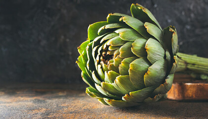Fototapeta premium Artichoke close-up. Dark background, copyspace