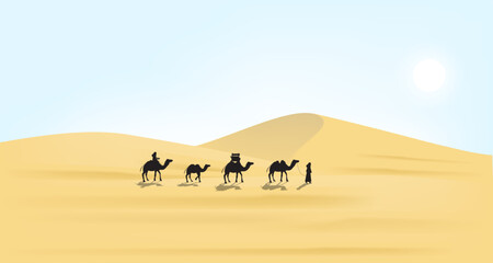 Desert landscape illustration of ramadan kareem with camel caravan silhouette vector illustration.	