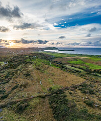 Aerial view of Castlegoland hill by Portnoo - County Donegal, Ireland.