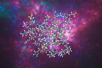 Single-chain insulin. Molecular model. Atoms are shown as spheres with conventional color coding: carbon (grey), oxygen (red), hydrogen (white), nitrogen (blue), sulfur (yellow). 3d illustration