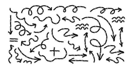 Hand drawn crayon chalk charcoal line arrows set. curvy and wavy arrows isolated on white. Group of squiggles and scribbles strokes. Elements for diagrams. doodle marker