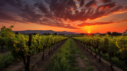 A serene vineyard with rows of grapevines and a peaceful sunset, Peaceful, Vineyard, Ultra...