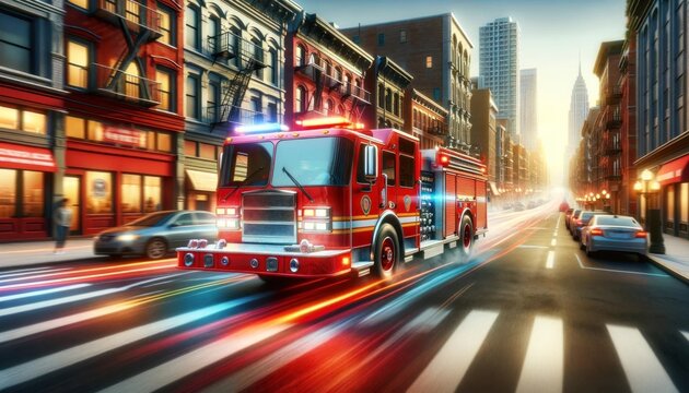 Dynamic image of a red fire truck with flashing lights in motion, rushing down a city street during sunset, creating a blur effect with city buildings in the background