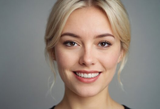 Close-up image of a young caucasian scandinavian woman with blonde hair smiling at the camera, showing off a warm, genuine smile, set against a neutral gray background