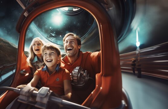 A joyful family embarks on a high-speed hypersonic adventure, capturing the essence of happiness and togetherness as they ride in a futuristic, rapid vehicle, creating memories at the speed of