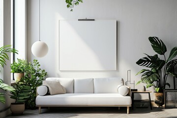 Minimalist Living Room Interior with Blank White Canvas Poster on Wall