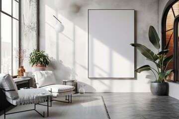 Minimalist Living Room Interior with White Empty Poster on Wall