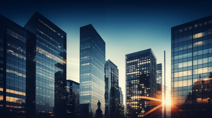 A view of a city skyline with multiple tall buildings at sunset, creating an abstract business and finance background.