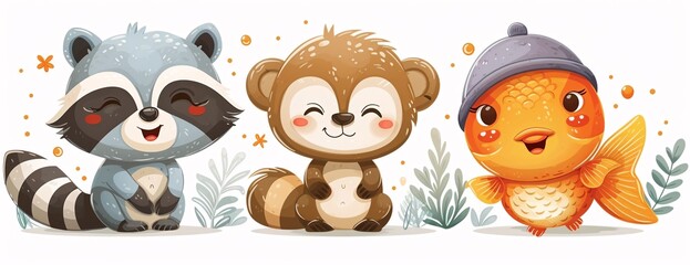 Smiling Squirrels A Cute and Happy Cartoon of Three Squirrels with Flower Background Generative AI