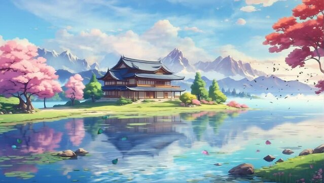 beautiful view of wooden house over lake, with mountains and misty clouds. Cartoon or anime watercolor painting illustration style. seamless looping virtual video animation background.