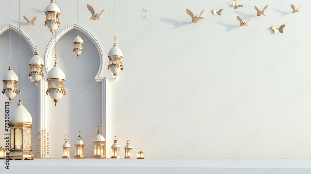 Fototapete elegant ramadan kareem lantern with white background text copy space. generative ai