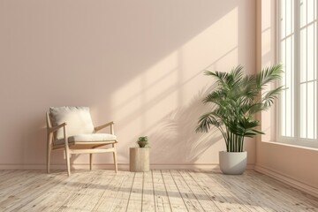Fototapeta na wymiar Minimalist Living Room Interior with Sizable Plant and Chair in Soft Light