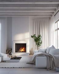 Cozy Scandinavian Living Room with White Sofa and Fireplace
