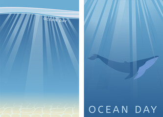 Ocean day posters. Vertical whale day banners. Whale swimming in the ocean. Rays of sun, light reflection underwater. Water surface. Place for text.