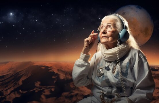  Elderly grandmother immerses herself in the enchanting beauty of the moon, adorned with headphones, bridging the timeless gap between generations through a celestial auditory experience