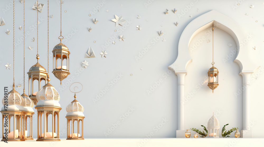 Fototapete elegant ramadan kareem lantern with white background text copy space. generative ai