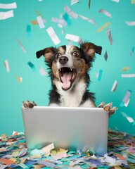 Playful dog celebrating success with laptop and colorful confetti on pastel turquoise background