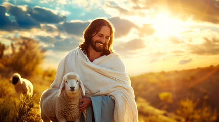 Happy Shepherd Jesus Christ holds a lamb in his arms against the background of the sky with clouds with rays of the sun, Jesus Christ takes care of one lost lamb. Soft picture in warm colors