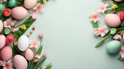 Naklejka na ściany i meble Bright Easter background with eggs in pastel pink colors with spring pink flowers form a frame on a light green background with copy space for text
