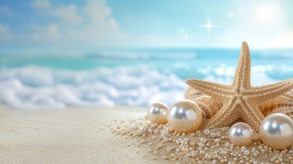 Fototapeta na wymiar Summer concept with seashells, starfish and sea pearls on the beach. 