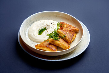 Ukrainian fried pancakes filled with meat served with sour cream. Restaurant photo for menu. Crepes with meat