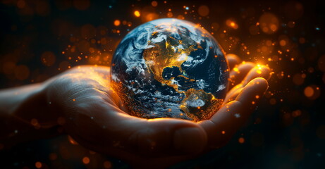 hand holding a glowing Earth against a dark background, symbolizing care, responsibility, and global connection