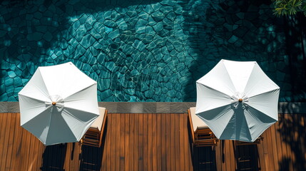 aerial view of two white sun umbrellas by a turquoise pool, capturing a luxurious and tranquil relaxation spot