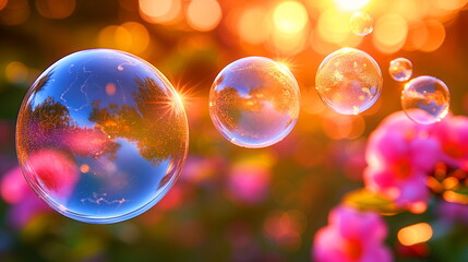 Transparent soap bubbles float gracefully with a sunset and flowers in the background, creating a magical atmosphere