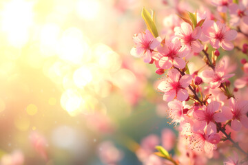 Fototapeta na wymiar Blooming Sakura Flowers And Sky - Spring Background With Defocused abstract Light