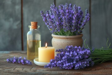 Obraz na płótnie Canvas Purple Flowers and Lavender Oil A Fragrant and Aesthetically Pleasing Display for the Month of April Generative AI