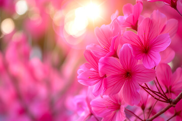 Fototapeta premium Group of purple flowers. Cherry flowers bokeh background. Nature background