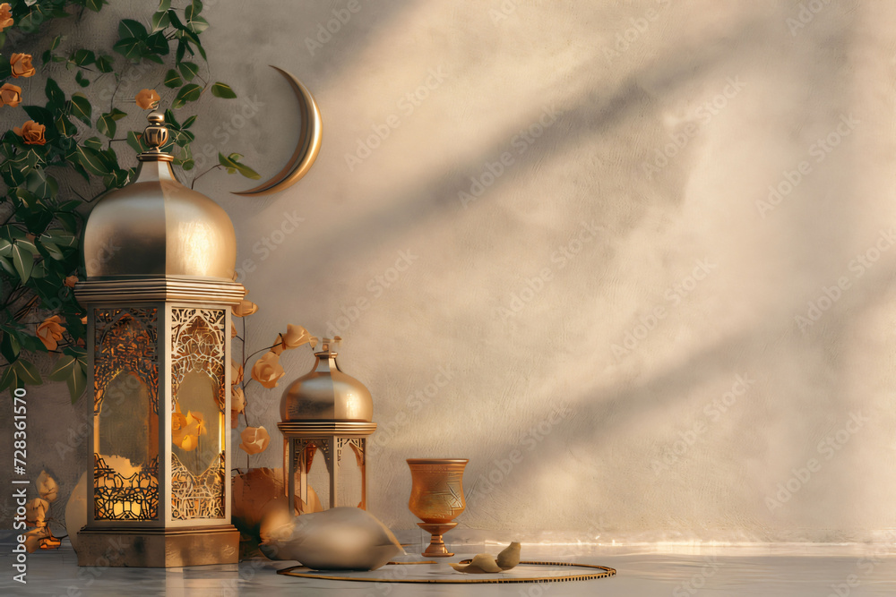 Fototapete elegant ramadan kareem lantern with white background text copy space. generative ai