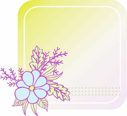 Composition of isolated cute cartoon botanical elements with lilac outline on gradient geometric frame background. Digital illustration in flat style, suitable for card making, branding, social media.