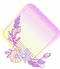 Composition of isolated cute cartoon botanical elements with lilac outline on gradient geometric frame background. Digital illustration in flat style, suitable for card making, branding, social media.