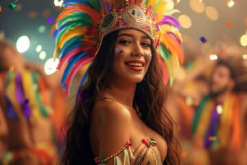 Young women dancing and enjoying the Carnival. Vibrant Colors and Traditional Music. floating...