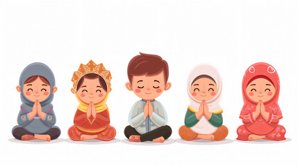 Generative AI illustration of children happily welcoming the month of fasting or Ramadan on a white background