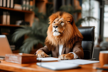 Abstract image of a business leader in the role of a lion. Leo is a businessman. Wild animals in real life - obrazy, fototapety, plakaty