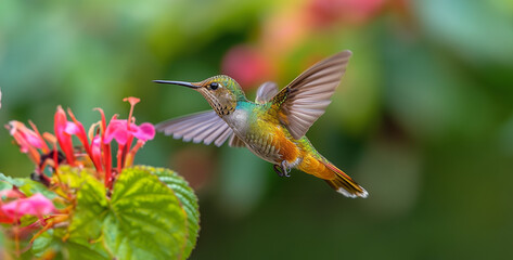 hummingbird on flower, a realistic image of a hummingbird in mid-flight, captured with precision to highlight the vibrant colors of its feathers and the rapid movement of its wings.