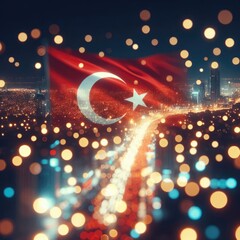 Turkey National Flag with city lights and bokeh, abstract Turkish background. Digital illustration, generative ai