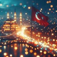 Turkey National Flag with city lights and bokeh, abstract Turkish background with a mosque. Digital illustration, generative ai