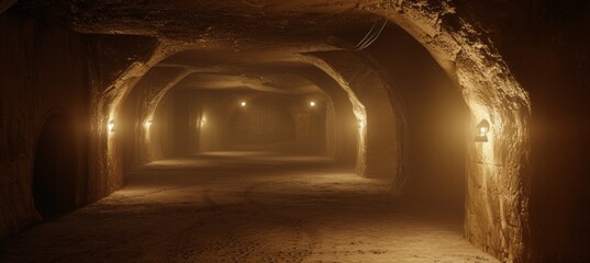 Venturing through the cramped and dimly lit passages of a contemporary underground gold mine shaft - obrazy, fototapety, plakaty