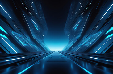 Futuristic background. Steel black metal virtual grid surface with blue glowing lights. Sci fi backdrop, spaceship interior. Cyberspace and future technology. Tunnel corridor, stage showroom - obrazy, fototapety, plakaty