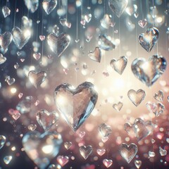 Transparent crystal-shaped hearts fall gracefully from the sky, with a focus on two hearts in the foreground. Bokeh and illuminated background. Symbol of fragile and precious love. Digital illustratio