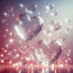 Transparent crystal-shaped hearts fall gracefully from the sky, with a focus on two hearts in the foreground. Bokeh and illuminated background. Symbol of fragile and precious love. Digital illustratio