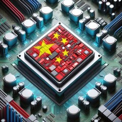 Flag of China on a processor, CPU Central processing Unit or GPU microchip on a motherboard. Digital illustration, generative ai
