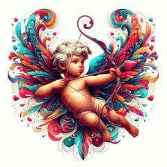 Fantasy illustration of cupid holding bow and aiming or shooting arrow. God of love, Amor, Eros or mythological character with wings. Digital illustration, generative ai