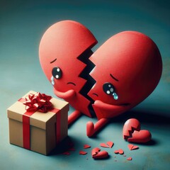 Broken heart in a gift box. Concept of heartbreak and love pain. Digital illustration, generative ai