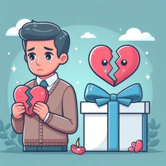 Man holding a broken heart near a Valentine's Day gift box. Concept of heartbreak and love pain. Digital illustration
