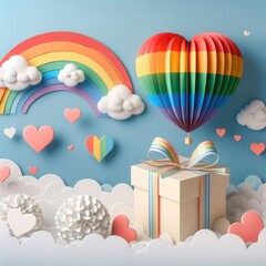 Gift box of LGBTQ love with a rainbow heart balloon. LGBTQ love concept. Digital illustration, generative ai