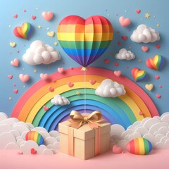 Gift box of LGBTQ love with a rainbow heart balloon. LGBTQ love concept. Digital illustration, generative ai